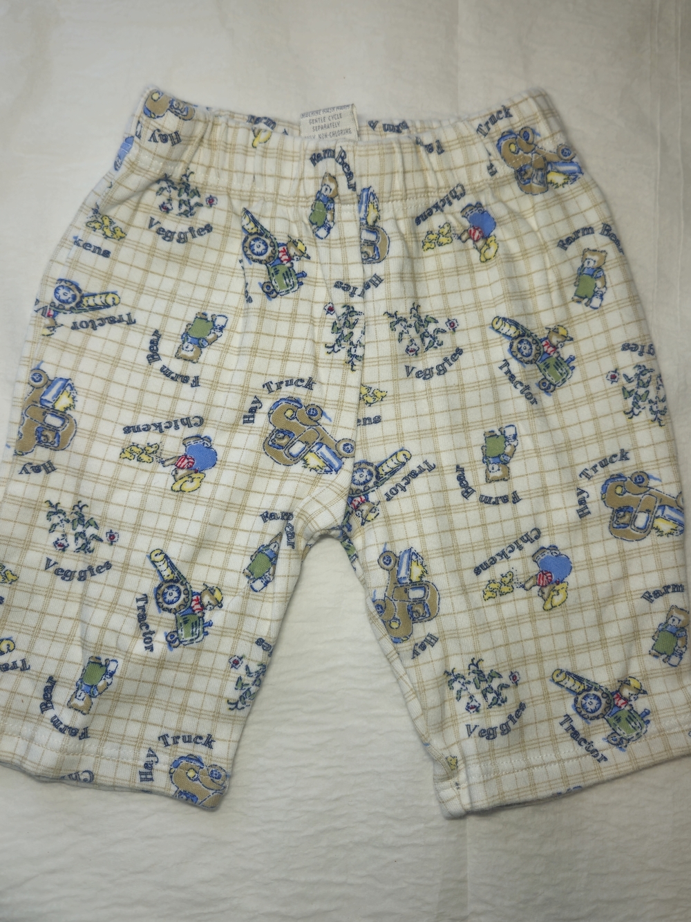 Kids Cream Plaid Casual Pants with Blue & Green Tractor Print